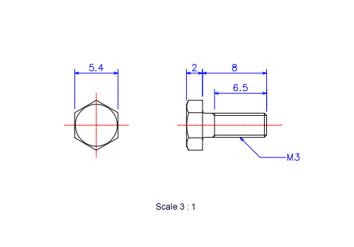 六角ボルトM3x8Lメートルタイプ（図面）