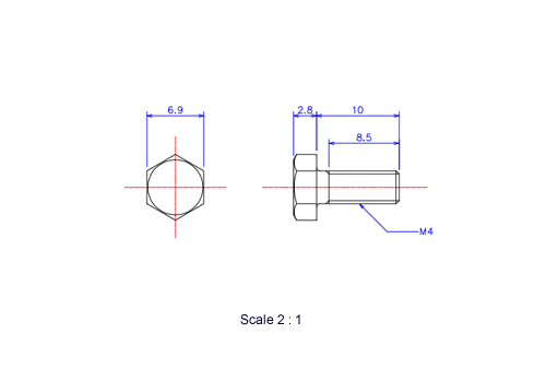 六角ボルトM4x10Lメートルタイプ（図面）