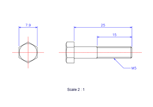六角ボルトM5x25Lメートルタイプ（図面）
