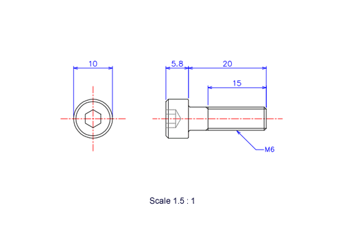 六角穴付ボルトM6x20Lメートルタイプ（図面）