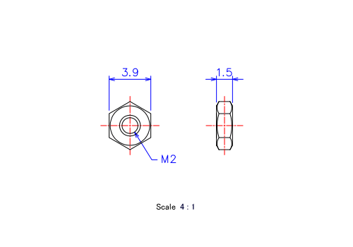 六角ナットM2xH1.5メートルタイプ（図面）