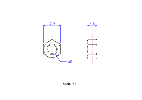 六角ナットM5xH4.6メートルタイプ（図面）