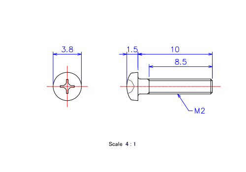 ナベ頭ねじM2x10Lメートルタイプ（図面）