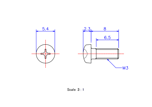 ナベ頭ねじM3x8Lメートルタイプ（図面）