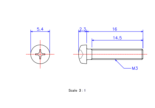 ナベ頭ねじM3x16Lメートルタイプ（図面）