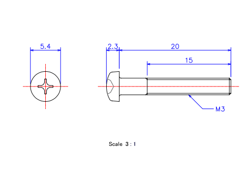 ナベ頭ねじM3x20Lメートルタイプ（図面）