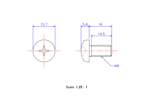 ナベ頭ねじM8x16Lメートルタイプ（図面）