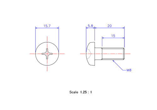 ナベ頭ねじM8x20Lメートルタイプ（図面）