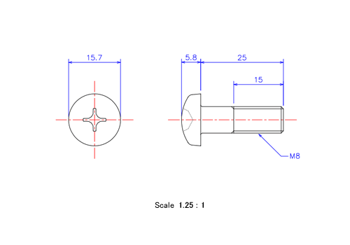 ナベ頭ねじM8x25Lメートルタイプ（図面）