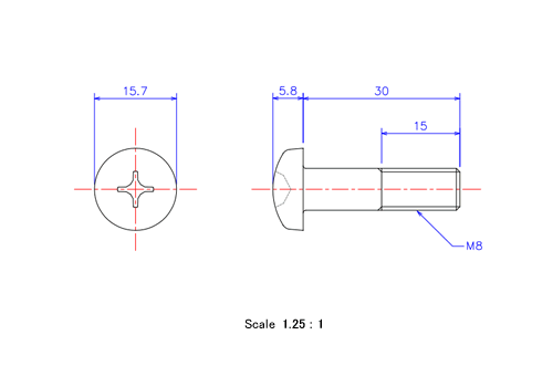 ナベ頭ねじM8x30Lメートルタイプ（図面）