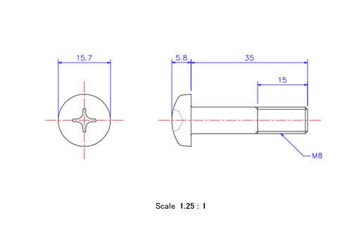 ナベ頭ねじM8x35Lメートルタイプ（図面）