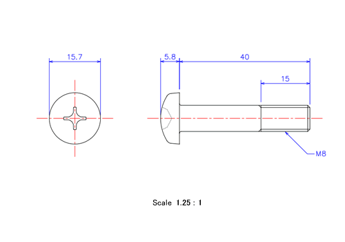 ナベ頭ねじM8x40Lメートルタイプ（図面）