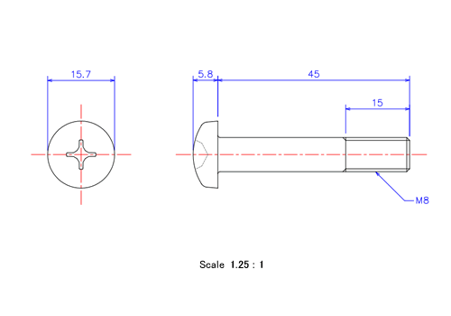 ナベ頭ねじM8x45Lメートルタイプ（図面）