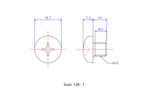 ナベ頭ねじM10x10Lメートルタイプ（図面）