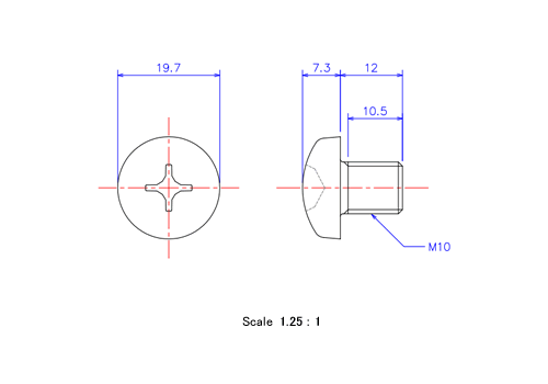 ナベ頭ねじM10x12Lメートルタイプ（図面）