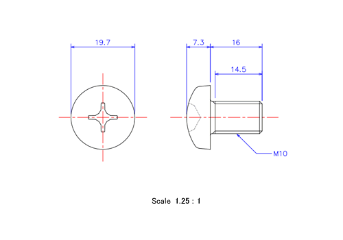 ナベ頭ねじM10x16Lメートルタイプ（図面）