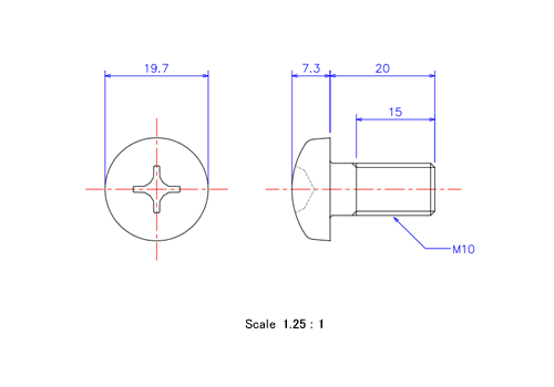 ナベ頭ねじM10x20Lメートルタイプ（図面）