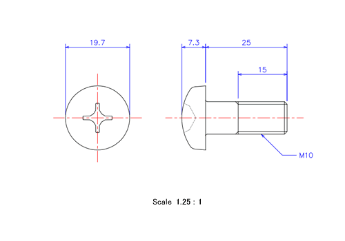 ナベ頭ねじM10x25Lメートルタイプ（図面）