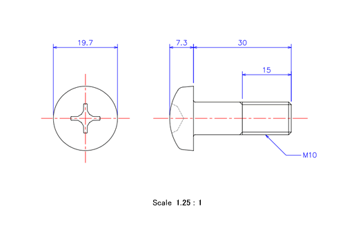 ナベ頭ねじM10x30Lメートルタイプ（図面）