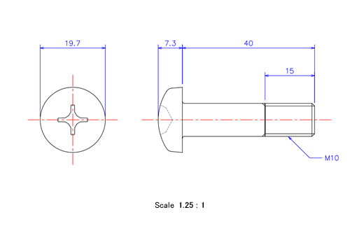 ナベ頭ねじM10x40Lメートルタイプ（図面）