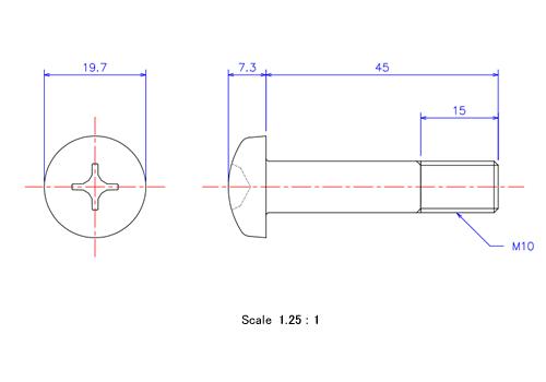 ナベ頭ねじM10x45Lメートルタイプ（図面）