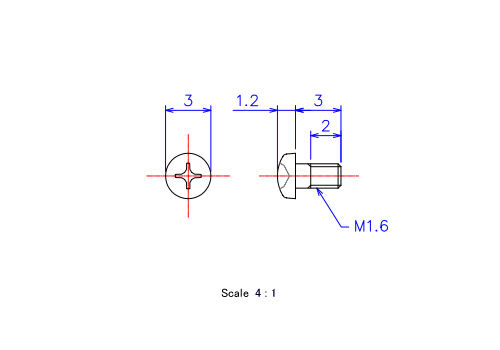 ナベ頭ねじM1.6x3Lメートルタイプ（図面）