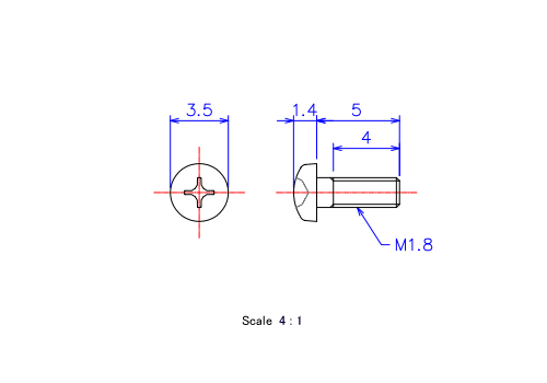 ナベ頭ねじM1.8x5Lメートルタイプ（図面）