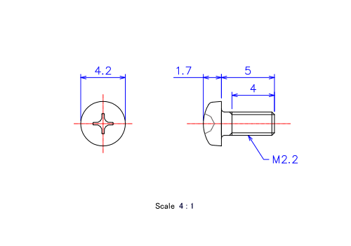 ナベ頭ねじM2.2x5Lメートルタイプ（図面）