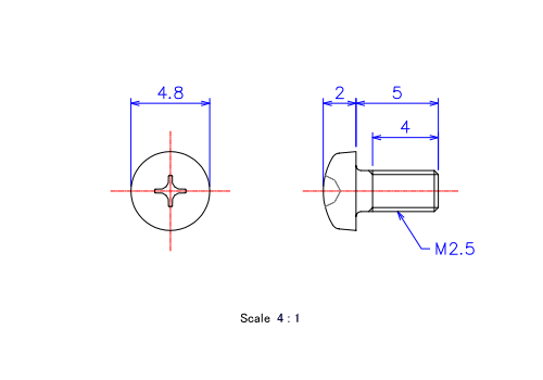 ナベ頭ねじM2.5x5Lメートルタイプ（図面）