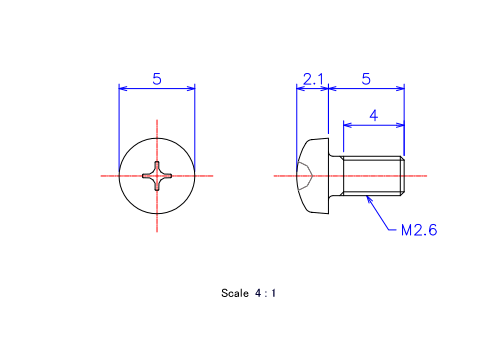 ナベ頭ねじM2.6x5Lメートルタイプ（図面）