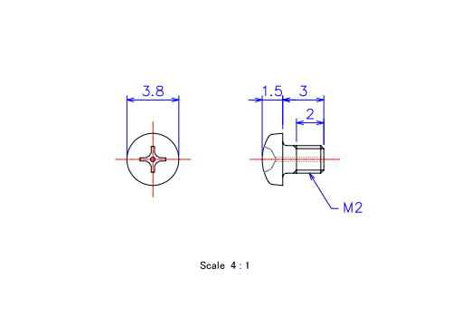 ナベ頭ガス穴付ねじM2x3Lメートルタイプ（図面）