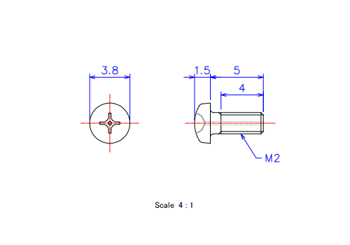 ナベ頭ガス穴付ねじM2x5Lメートルタイプ（図面）