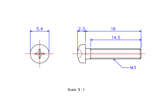 ナベ頭ガス穴付ねじM3x16Lメートルタイプ（図面）