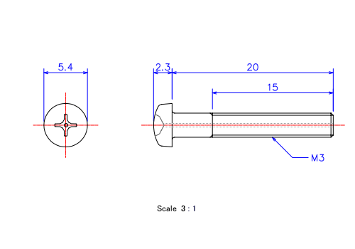 ナベ頭ガス穴付ねじM3x20Lメートルタイプ（図面）