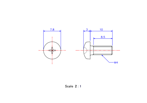 ナベ頭ガス穴付ねじM4x10Lメートルタイプ（図面）