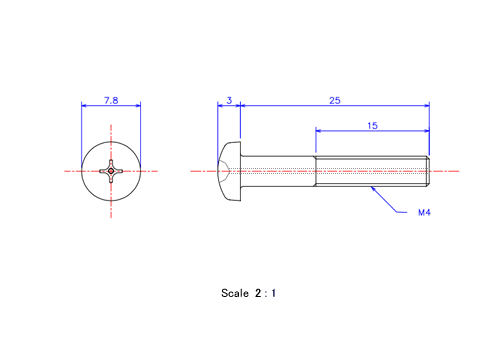 ナベ頭ガス穴付ねじM4x25Lメートルタイプ（図面）