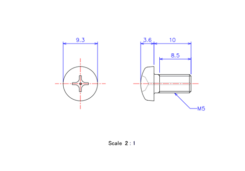 ナベ頭ガス穴付ねじM5x10Lメートルタイプ（図面）