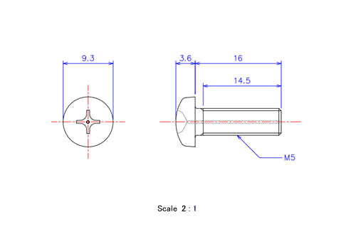 ナベ頭ガス穴付ねじM5x16Lメートルタイプ（図面）