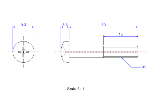 ナベ頭ガス穴付ねじM5x30Lメートルタイプ（図面）