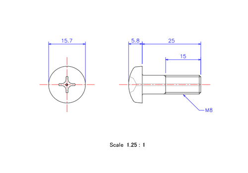 ナベ頭ガス穴付ねじM8x25Lメートルタイプ（図面）