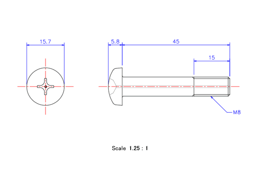 ナベ頭ガス穴付ねじM8x45Lメートルタイプ（図面）
