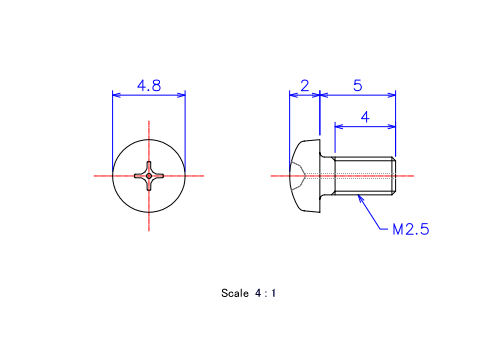 ナベ頭ガス穴付ねじM2.5x5Lメートルタイプ（図面）