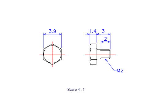 六角ボルトM2x3Lメートルタイプ（図面）