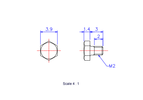六角ボルトM2x3Lメートルタイプ(図面)