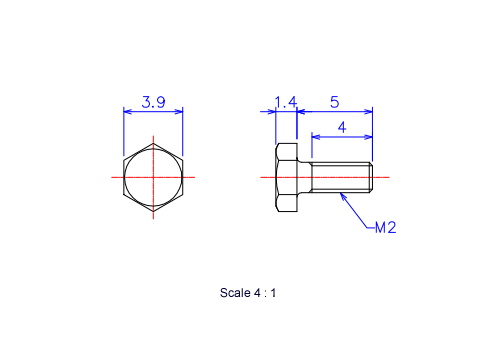六角ボルトM2x5Lメートルタイプ（図面）