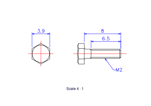 六角ボルトM2x8Lメートルタイプ（図面）