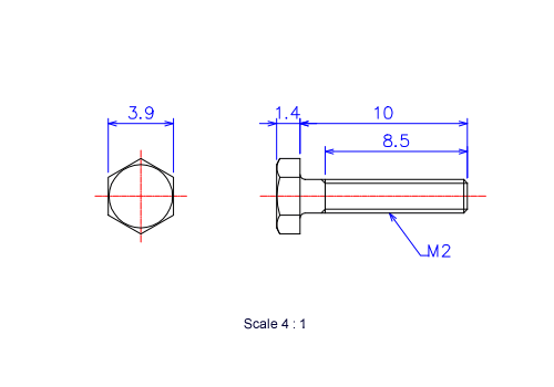 六角ボルトM2x10Lメートルタイプ（図面）