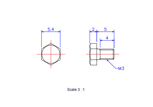 六角ボルトM3x5Lメートルタイプ（図面）