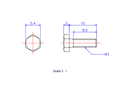 六角ボルトM3x10Lメートルタイプ（図面）