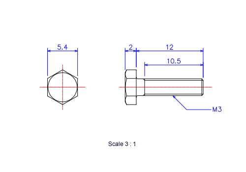 六角ボルトM3x12Lメートルタイプ（図面）